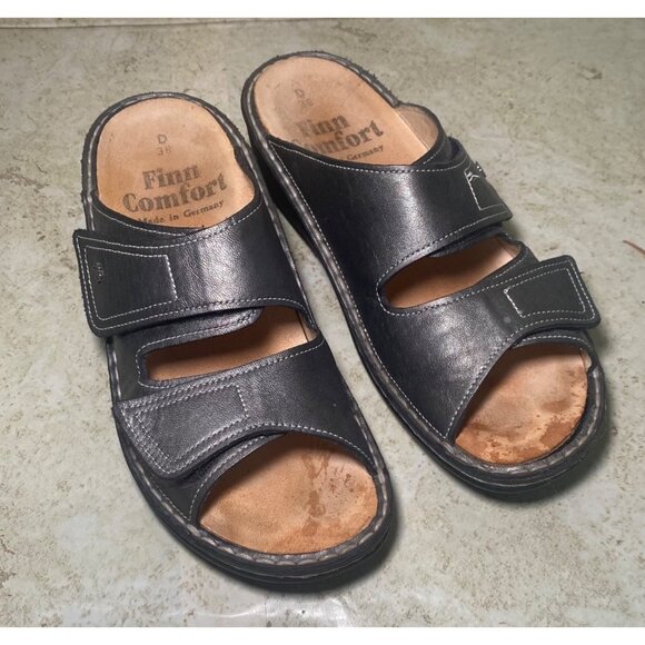 Finn Comfort Shoes - Finn Comfort Womens Black Leather Slide Sandals Size 38 Indie Boho Cottagecore